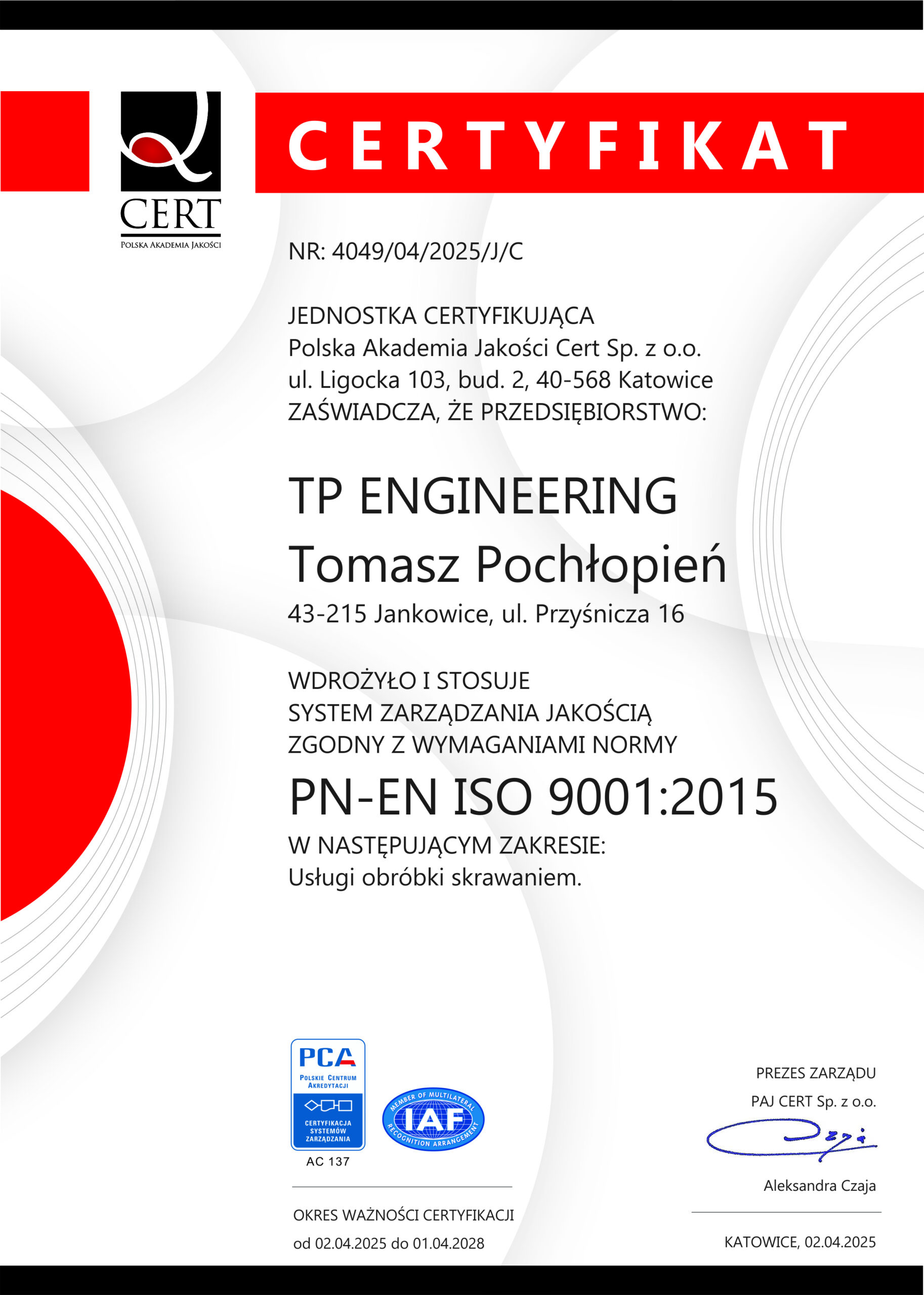 Certyfikat ISO 9001:2015 TP Engineering w zakresie usług obróbki skrawaniem